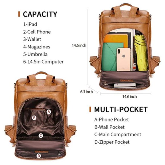 Kattee Genuine Leather Backpack Anti-Theft, Purse - Picture 5 of 7